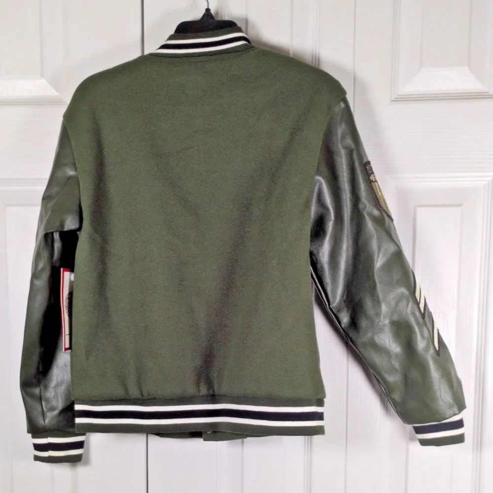 Ring of Fire Boys HANAN Varsity Jacket Patches Olive Green Faux Leather S 8